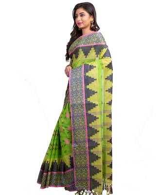 Green Colour Ball Butta Pure Cotton Bangali Tant Sarees For Women without Blouse Peace 2