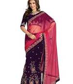 Navy Blue And  Red hand_woven Velvet, Net saree with blouse