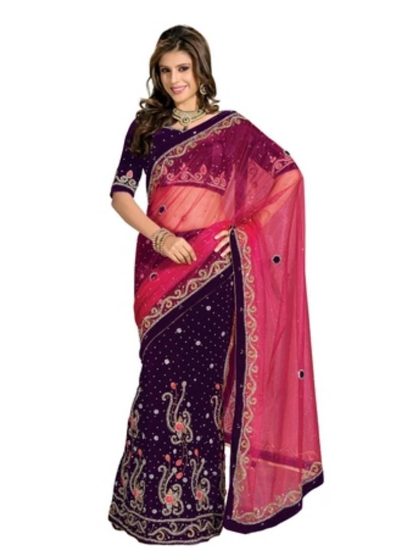 Navy Blue And  Red hand_woven Velvet, Net saree with blouse