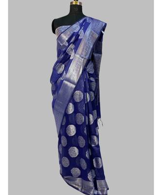 Banasari Cotton Linen silver blue saree with contrast brocket blouse 1