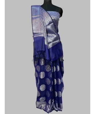 Banasari Cotton Linen silver blue saree with contrast brocket blouse 2