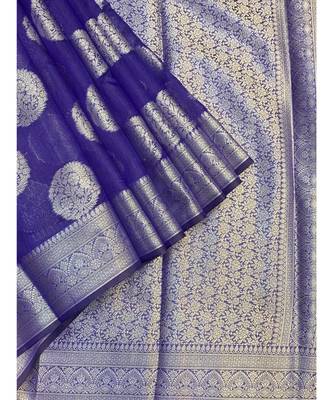 Banasari Cotton Linen silver blue saree with contrast brocket blouse 3
