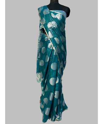 Banasari Cotton Linen silver  green saree with contrast brocket blouse 1