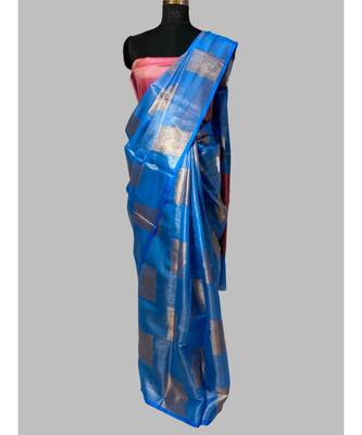pixma zari tissue azure blue with contrast blouse 1