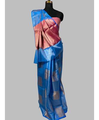 pixma zari tissue azure blue with contrast blouse 2