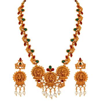Kundan Pearl Studded Laxmi Peacock design Temple Necklace Set for Women and Girls 1