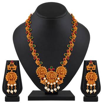 Kundan Pearl Studded Laxmi Peacock design Temple Necklace Set for Women and Girls 2