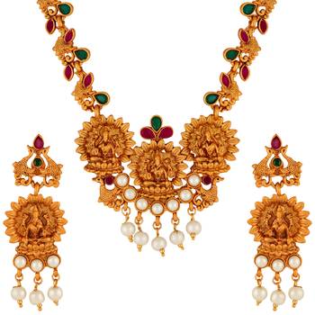 Kundan Pearl Studded Laxmi Peacock design Temple Necklace Set for Women and Girls 3