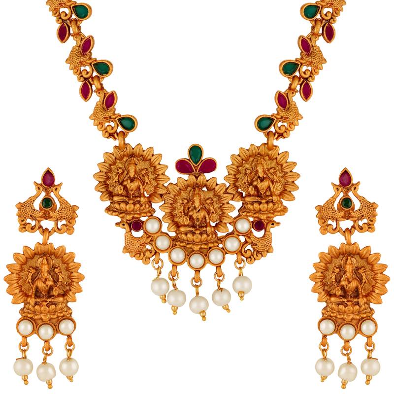Kundan Pearl Studded Laxmi Peacock design Temple Necklace Set for Women and Girls