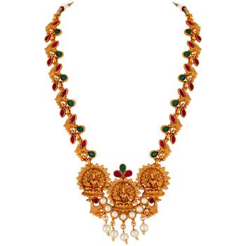 Kundan Pearl Studded Laxmi Peacock design Temple Necklace Set for Women and Girls 4
