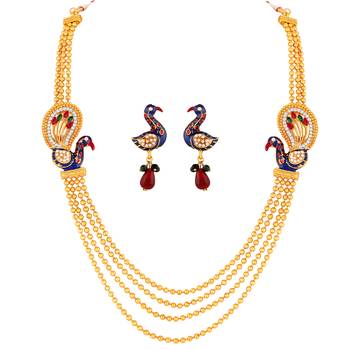 Traditional Peacock Gold toned Multi string Necklace Set For Women 1