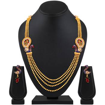 Traditional Peacock Gold toned Multi string Necklace Set For Women 2