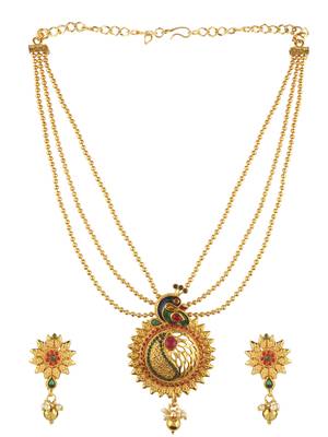 Peacock Indpired meenakari Gold toned Multi String Necklace Set For Women 1