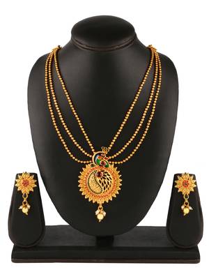 Peacock Indpired meenakari Gold toned Multi String Necklace Set For Women 2