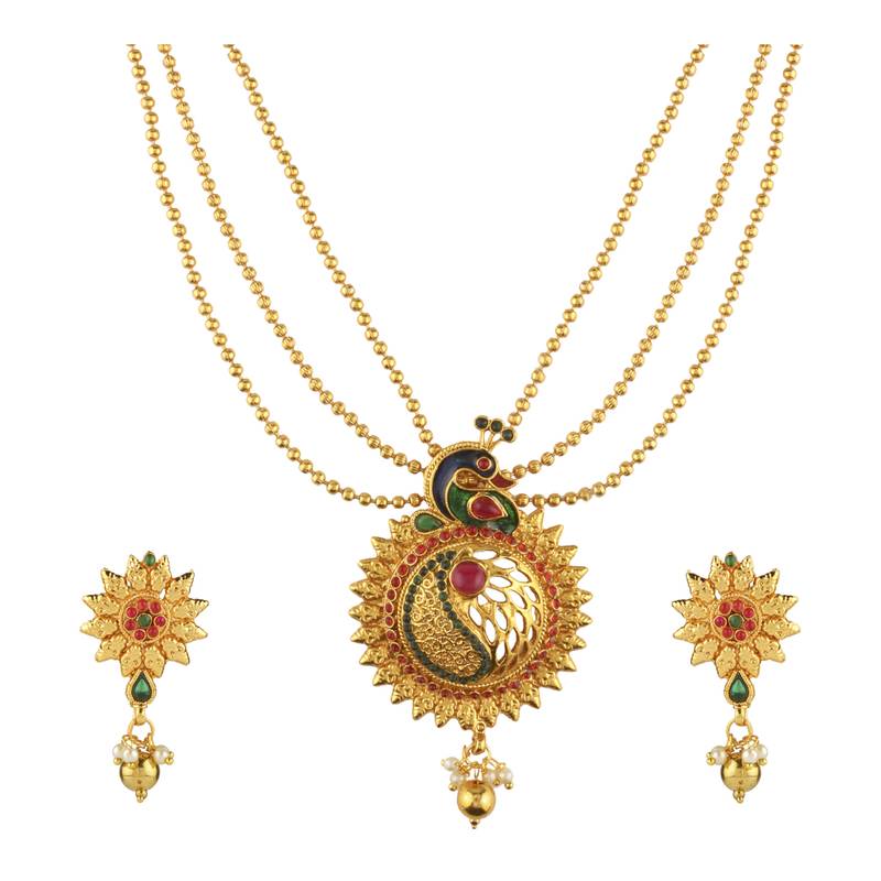 Peacock Indpired meenakari Gold toned Multi String Necklace Set For Women