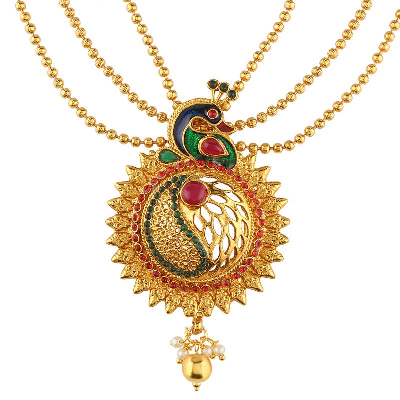 Peacock Indpired meenakari Gold toned Multi String Necklace Set For Women
