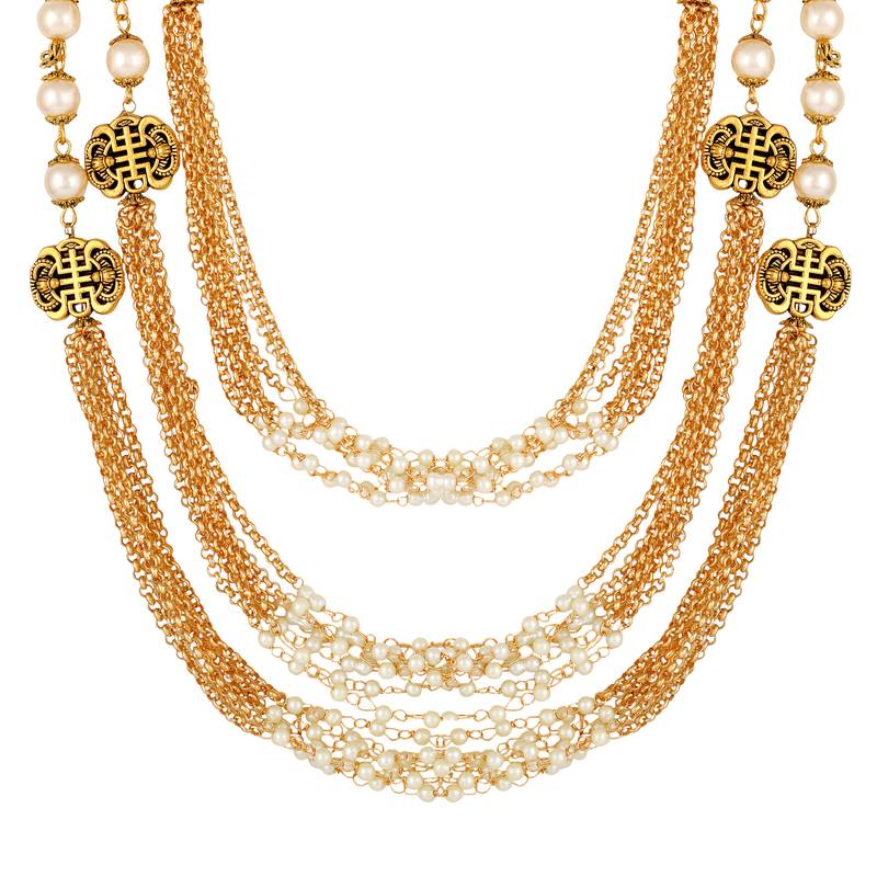 Traditional Gold toned Multi Layered Ranihaar Pear Necklace Set For Women