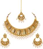Kundan Pearl Studded Gold toned Necklace Set For Women