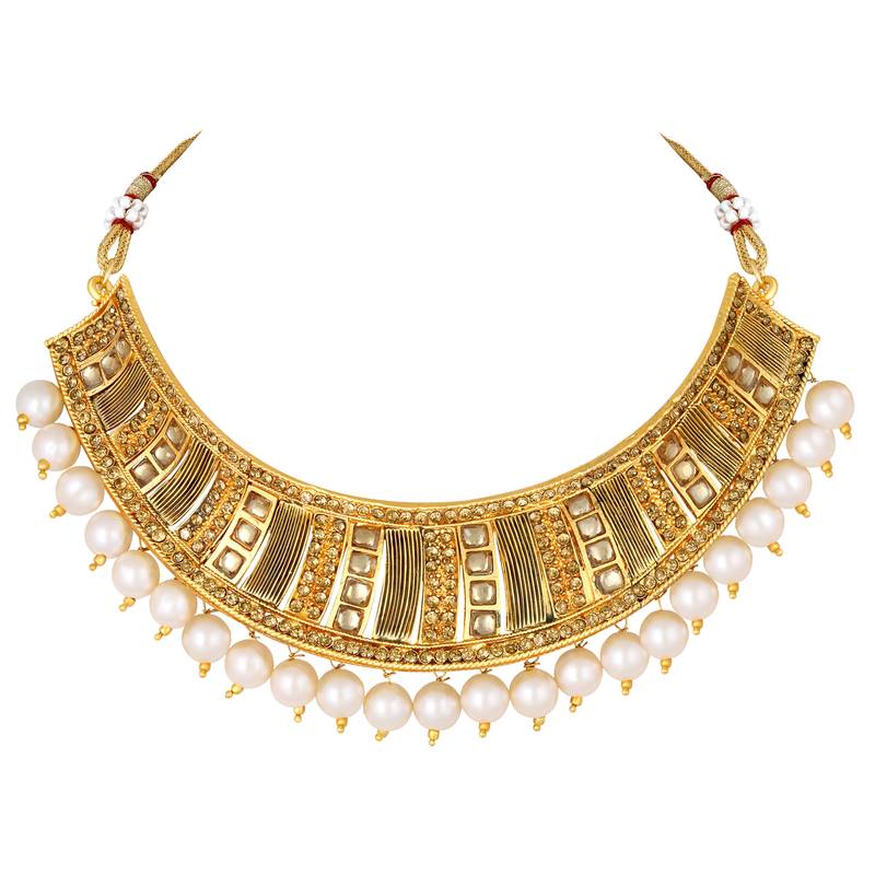 Kundan Pearl Studded Gold toned Necklace Set For Women