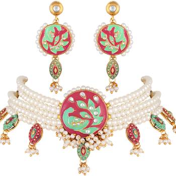 Peacock Inspired Kundan Pearl Studded Gold toned Necklace Set For Women 3
