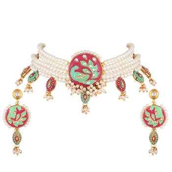Peacock Inspired Kundan Pearl Studded Gold toned Necklace Set For Women 4