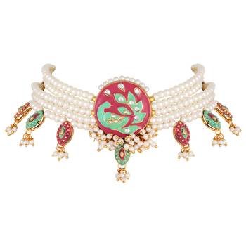 Peacock Inspired Kundan Pearl Studded Gold toned Necklace Set For Women 5