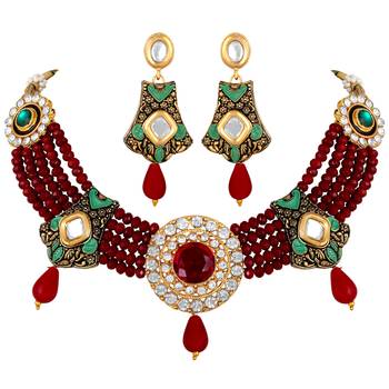 designer Kundan Beaded Gold toned Choker Necklace Set For Women 1