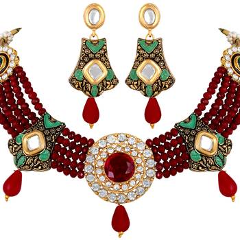 designer Kundan Beaded Gold toned Choker Necklace Set For Women 4