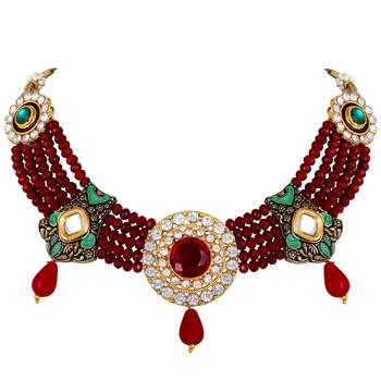 designer Kundan Beaded Gold toned Choker Necklace Set For Women 5