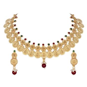 Wedding wear Laxmi Coin design 18 K Gold Plated Bridal Choker Necklace Set 1