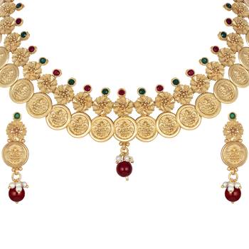 Wedding wear Laxmi Coin design 18 K Gold Plated Bridal Choker Necklace Set 2