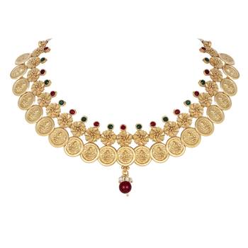 Wedding wear Laxmi Coin design 18 K Gold Plated Bridal Choker Necklace Set 3