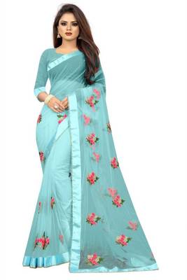 Sky Fancy Net Fabric Saree With Blouse Piece 1