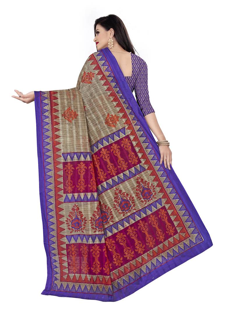 Women's Cotton Blend Brown Printed Designer Saree With Blouse Piece
