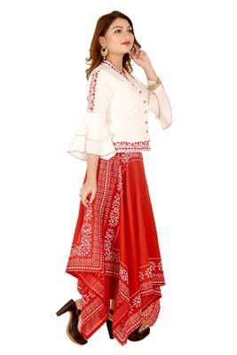 White printed cotton silk girls-top-bottom 2
