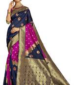 Navy blue woven poly silk saree with blouse