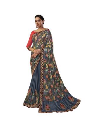 Grey embroidered jute saree with blouse 1