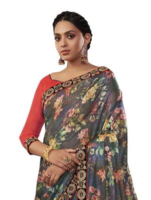 Grey embroidered jute saree with blouse 2