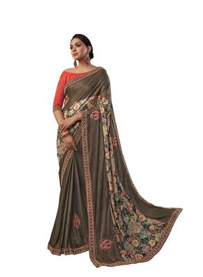 Beige embroidered jute saree with blouse 1