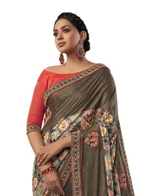 Beige embroidered jute saree with blouse 2