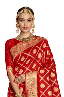 Red woven poly silk saree with blouse 2