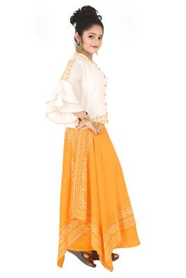 White printed cotton silk girls-top-bottom 2
