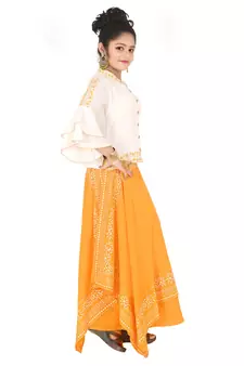 White printed cotton silk girls-top-bottom