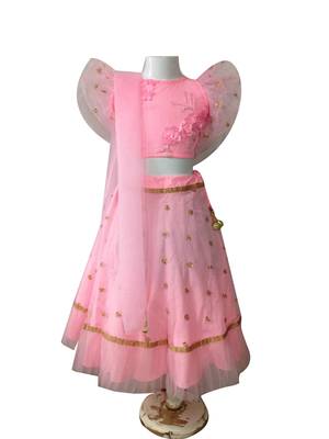 Anitabalia_label BABY GIRL'S WOVEN CROP TOP, DOT with beautiful embroidery LEHENGA CHOLI FULLY STITCHED. PINK 1