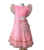 Anitabalia_label BABY GIRL'S WOVEN CROP TOP, DOT with beautiful embroidery LEHENGA CHOLI FULLY STITCHED. PINK