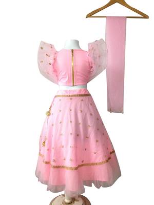 Anitabalia_label BABY GIRL'S WOVEN CROP TOP, DOT with beautiful embroidery LEHENGA CHOLI FULLY STITCHED. PINK 2