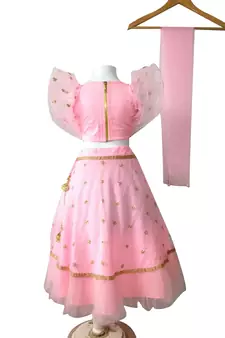 Anitabalia_label BABY GIRL'S WOVEN CROP TOP, DOT with beautiful embroidery LEHENGA CHOLI FULLY STITCHED. PINK