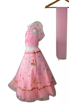 Anitabalia_label BABY GIRL'S WOVEN CROP TOP, DOT with beautiful embroidery LEHENGA CHOLI FULLY STITCHED. PINK
