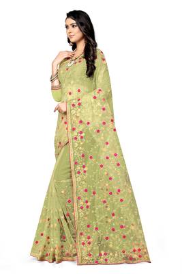 Light green embroidered net saree with blouse 3