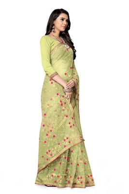Light green embroidered net saree with blouse 4